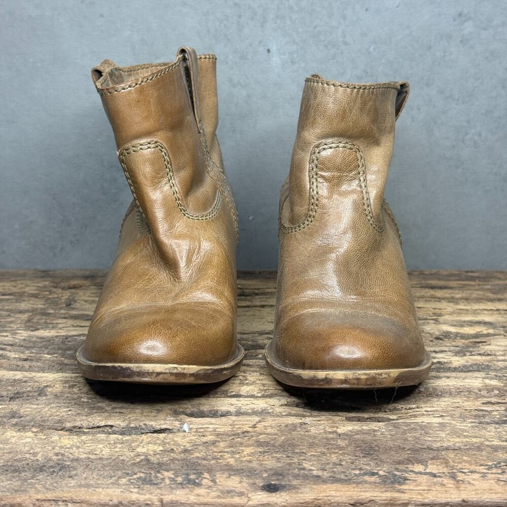 KOOKAI Women's Leather Ankle Boots Size 38 Brown Tan Block Heel Pull On Booties
